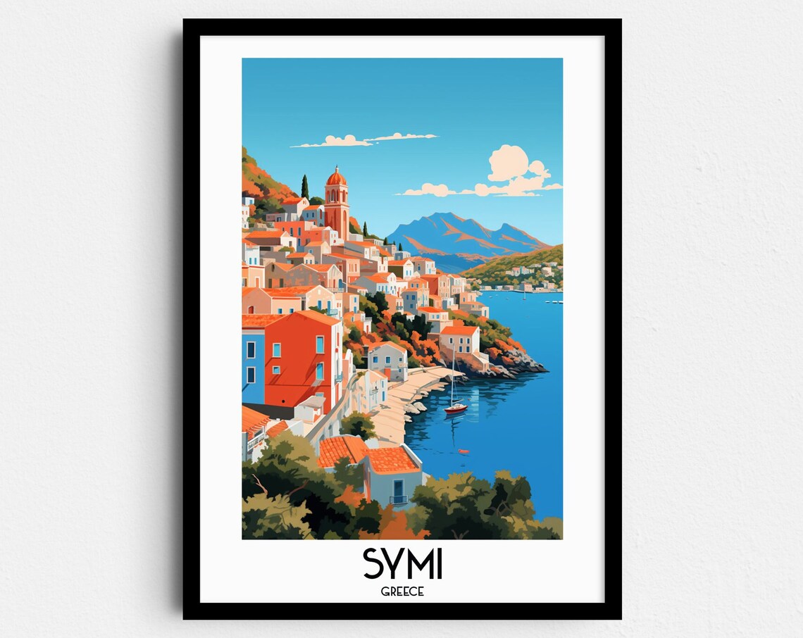Symi Greece Hillside Village Coastal Cove Vintage Travel Poster