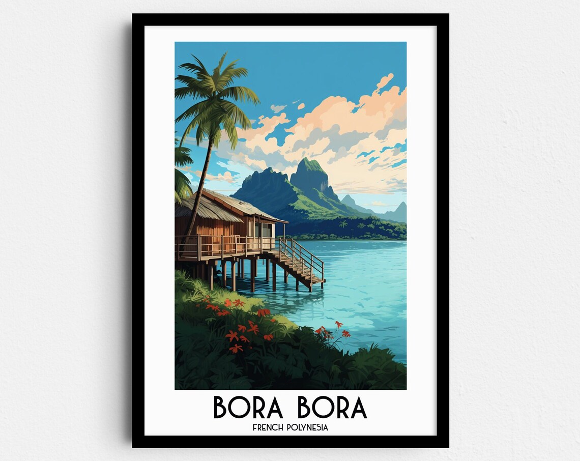 Bora Bora French Polynesia Overwater Bungalow Vintage Travel Poster
