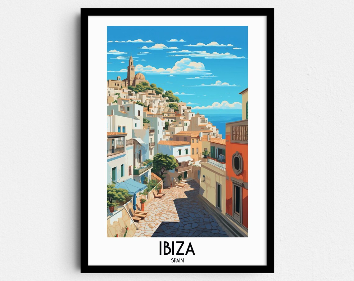 Ibiza Spain Whitewashed Old Town Street Vintage Travel Art Poster