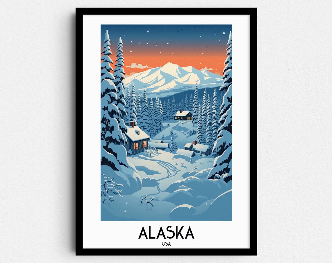 Alaska USA Snowy Cabin Mountain Winter Night Vintage Travel Poster