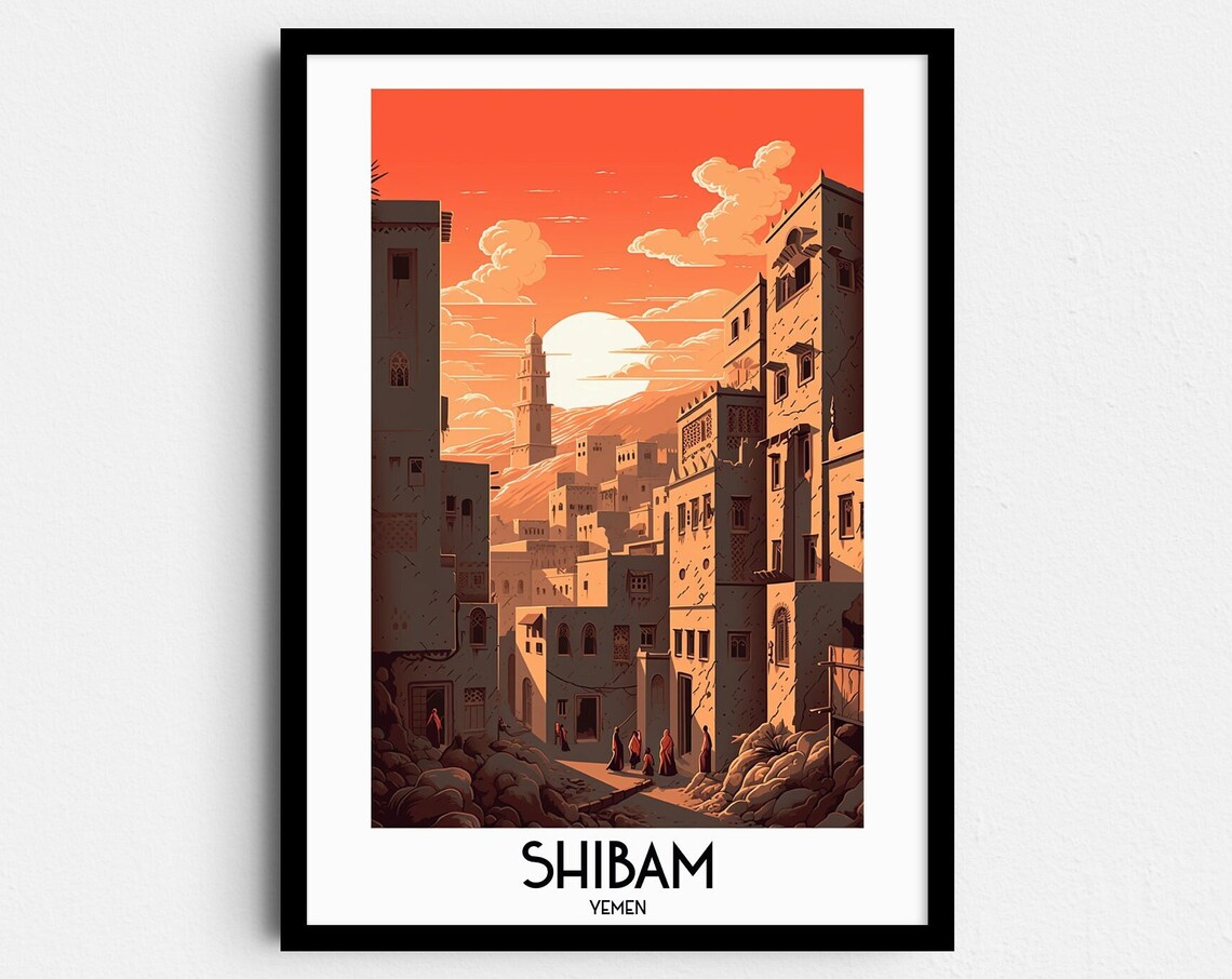 Shibam Yemen Mud Brick Towers Old City Sunset Vintage Travel Poster