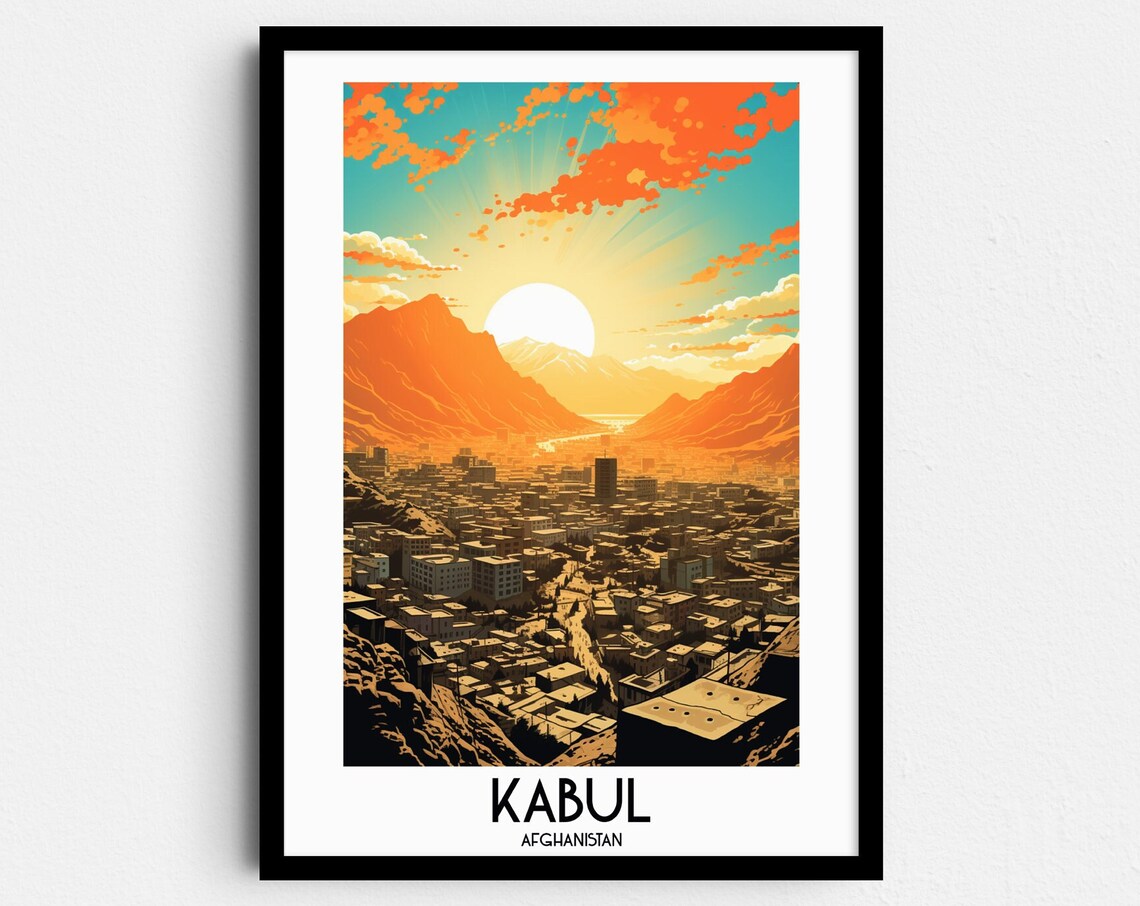 Kabul Mountain Valley City Sunrise Afghanistan Vintage Travel Poster