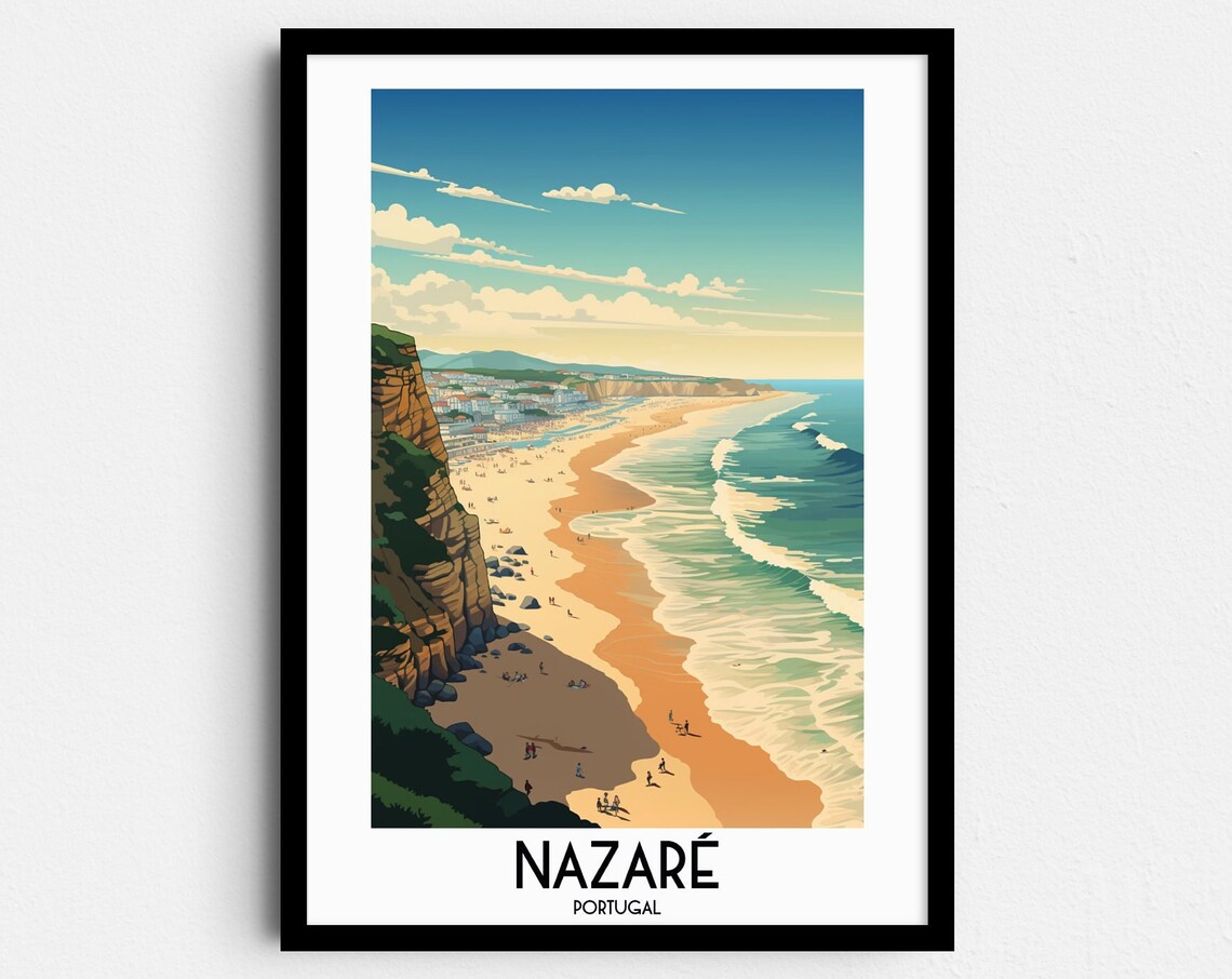Nazare Portugal Cliff Top Golden Beach Panorama Travel Poster