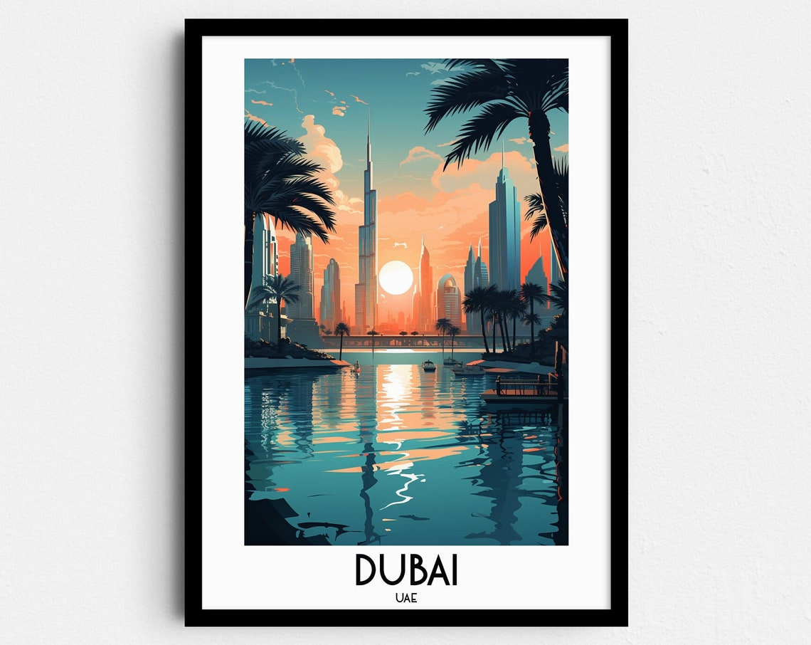 Dubai UAE Sunset Skyline Water Reflection Vintage Travel Poster