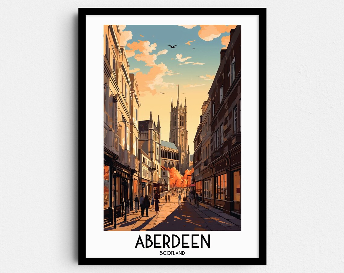 Aberdeen Granite Street Historic Church Towers Scotland Travel Poster