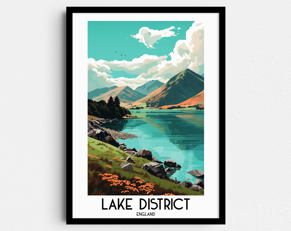 Lake District England Mountain Lake Rocky Shore Nature Travel Poster