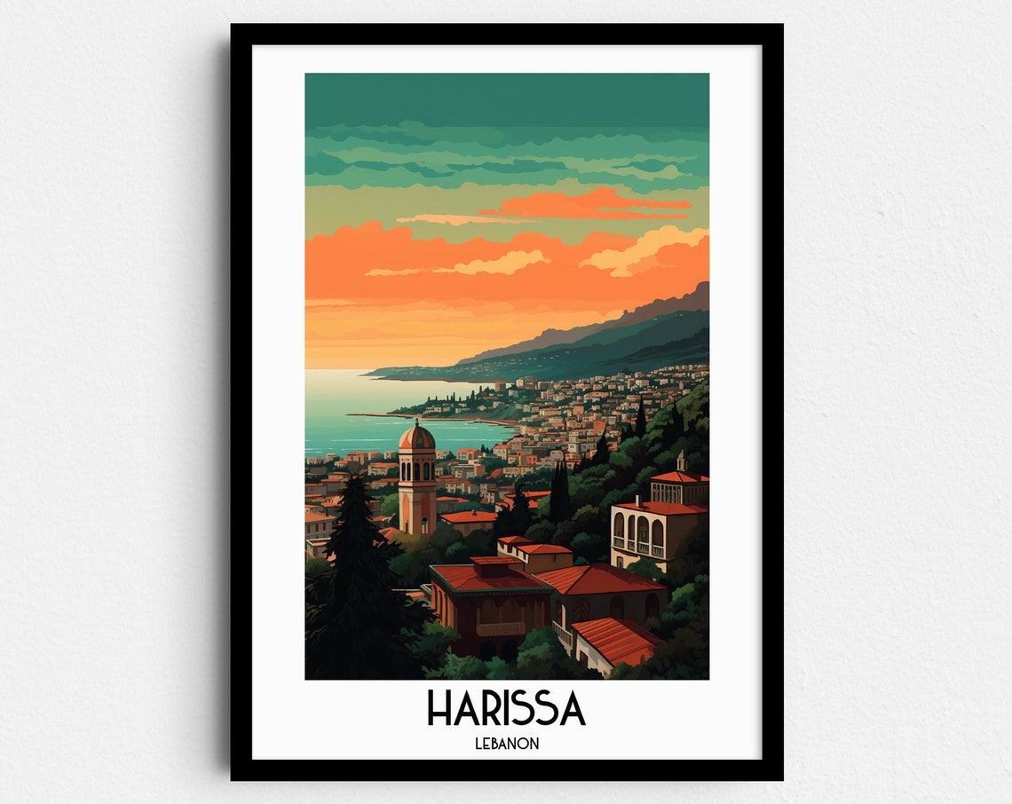 Harissa Lebanon Coastal Hillside Retro Town Dusk Travel Poster
