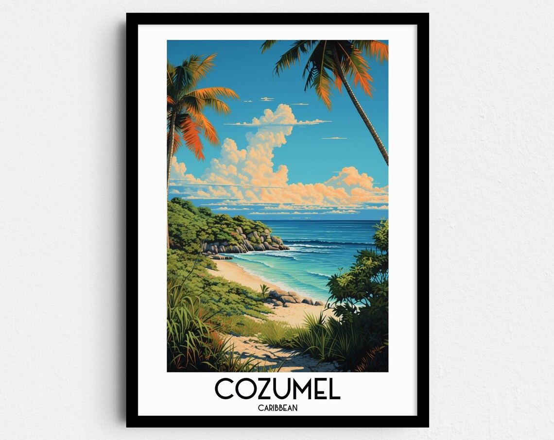 Cozumel Tropical Beach Palm Trees Turquoise Sea Caribbean Travel Poster