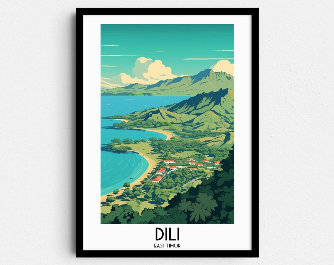 Dili East Timor Green Hills Curved Beach Tropical Coast Travel Poster