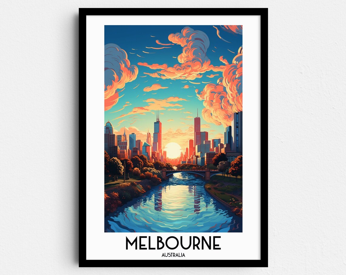 Melbourne Australia River Skyline Sunset Vintage Travel Poster