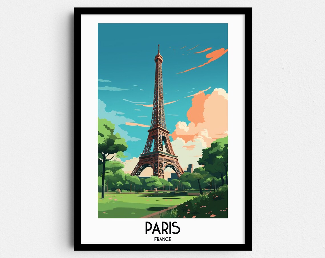 Paris France Eiffel Tower Green Park Blue Sky Travel Art Poster