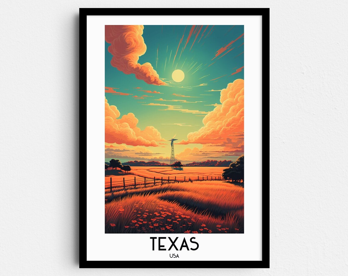 Texas USA Prairie Sunset Windmill Vintage Western Travel Art Poster