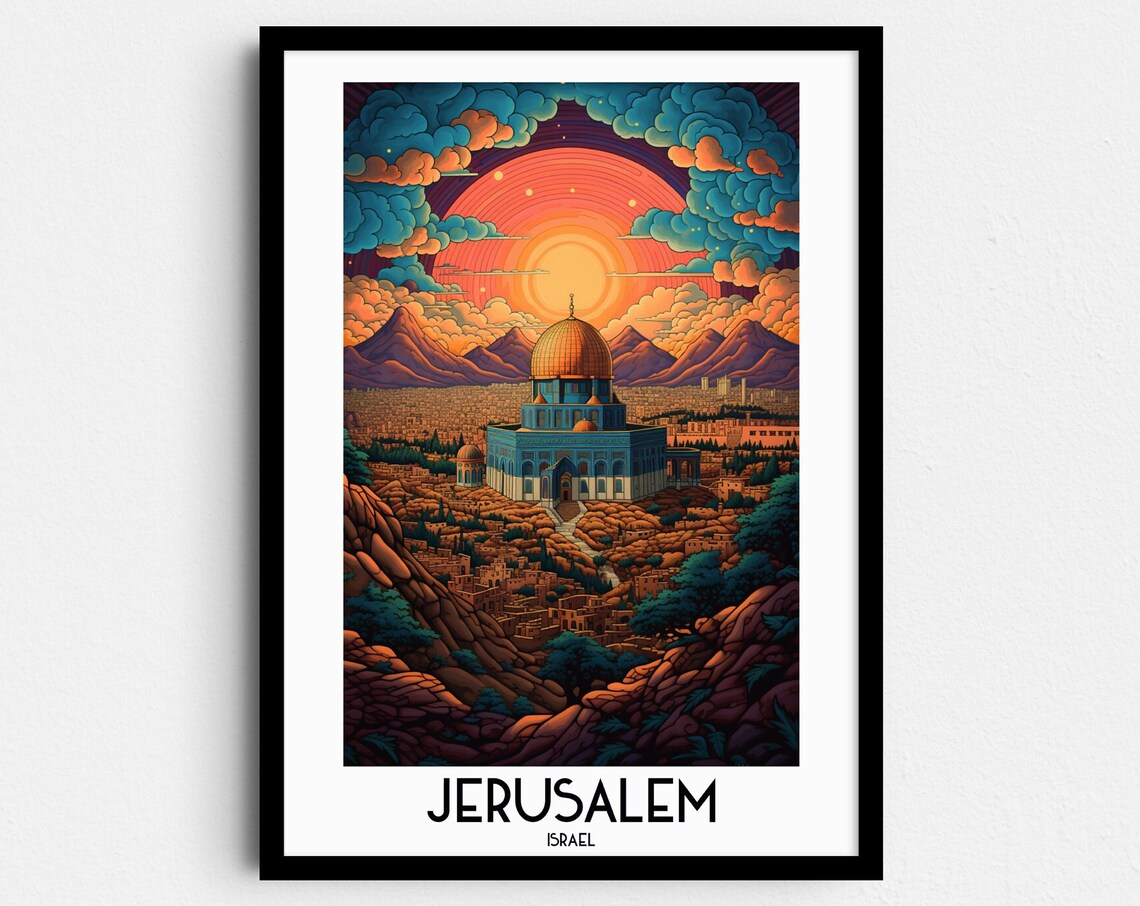 Jerusalem Golden Dome Fiery Sunset Old City Israel Travel Poster