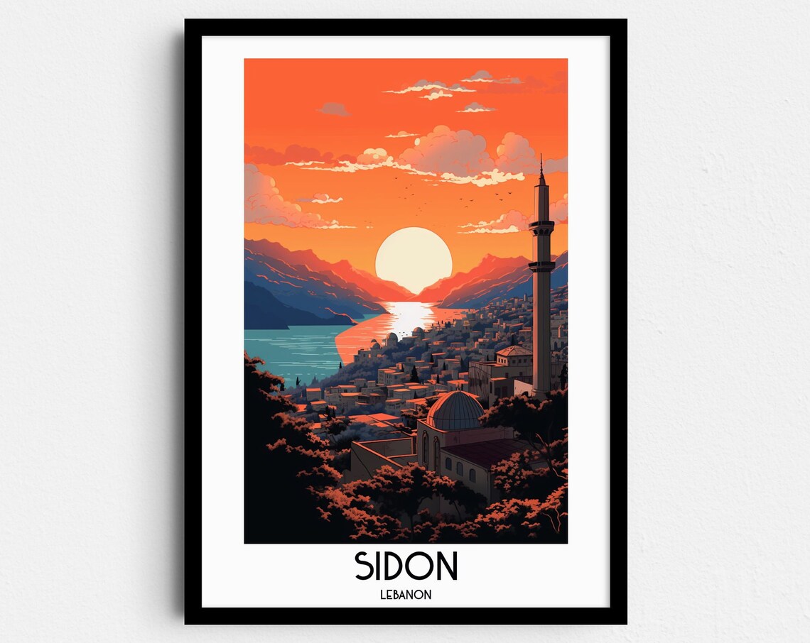 Sidon Lebanon Sunset Harbor Minaret Retro Coast Travel Poster