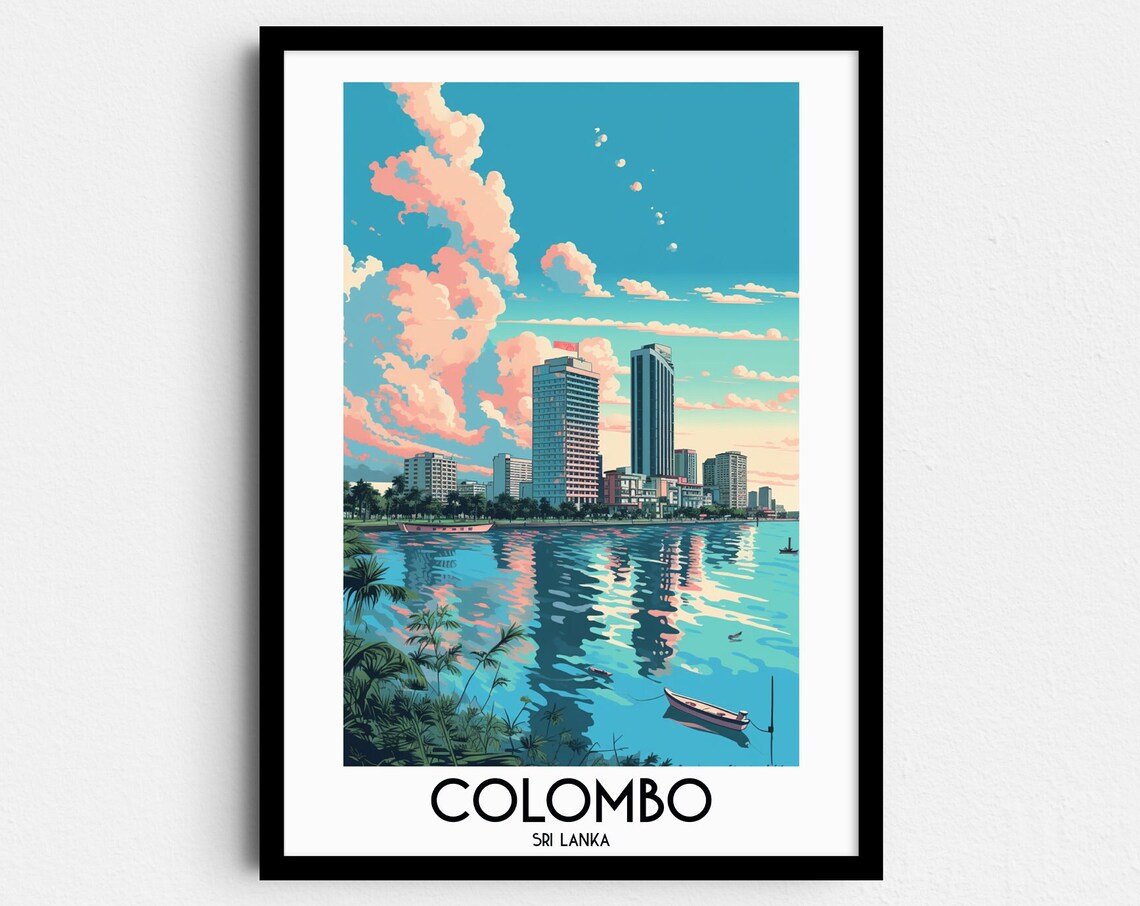 Colombo Sri Lanka Skyline Lake Reflection Vintage Travel Poster