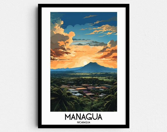 Managua Nicaragua Volcano Sunset Over Tropical Valley Travel Poster