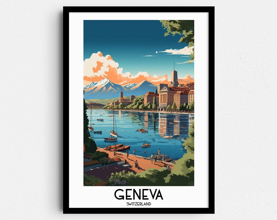 Geneva Switzerland Lakeside Boats Alpine View Vintage Travel Poster