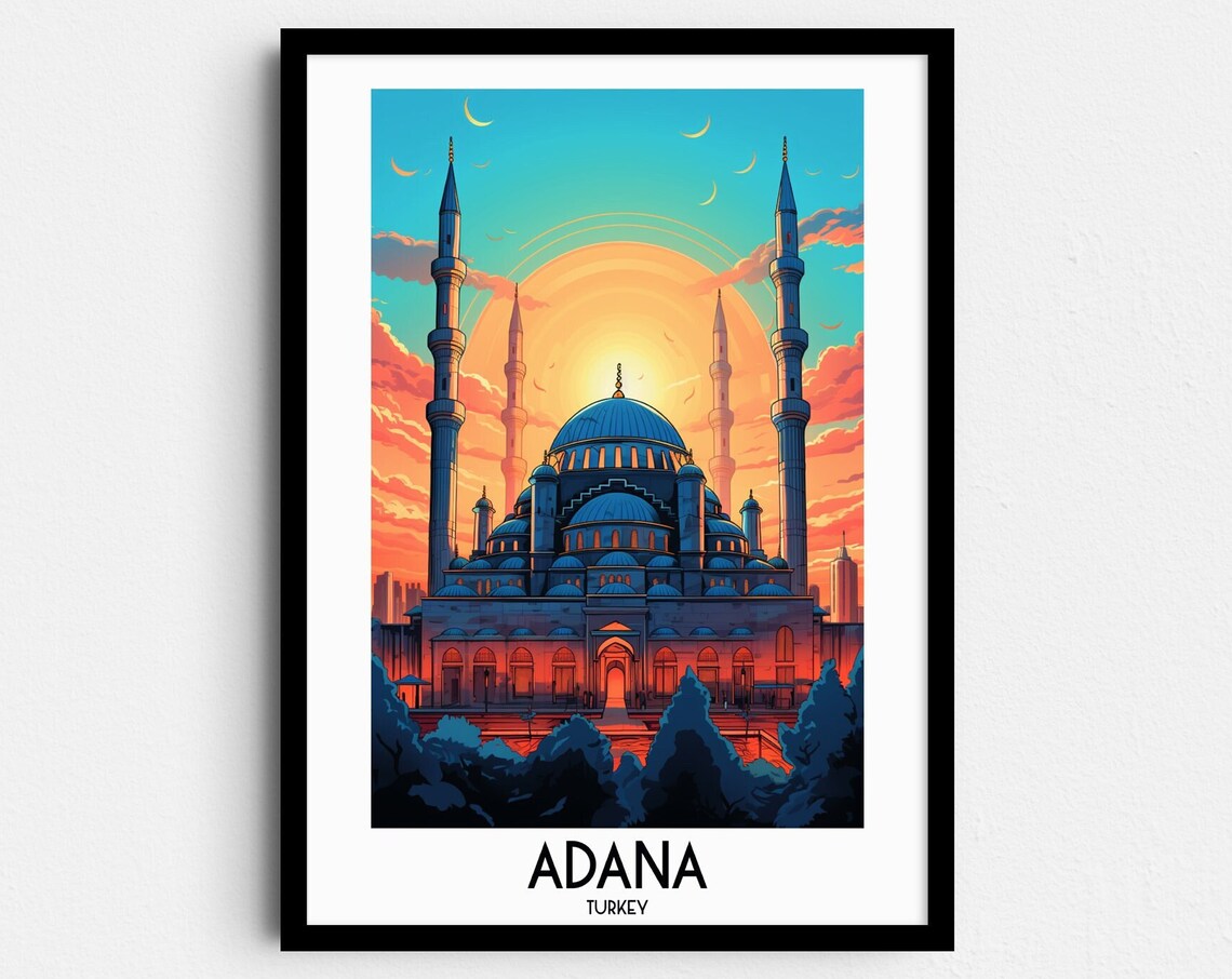Adana Grand Mosque Golden Sunset Minarets Turkey Travel Poster