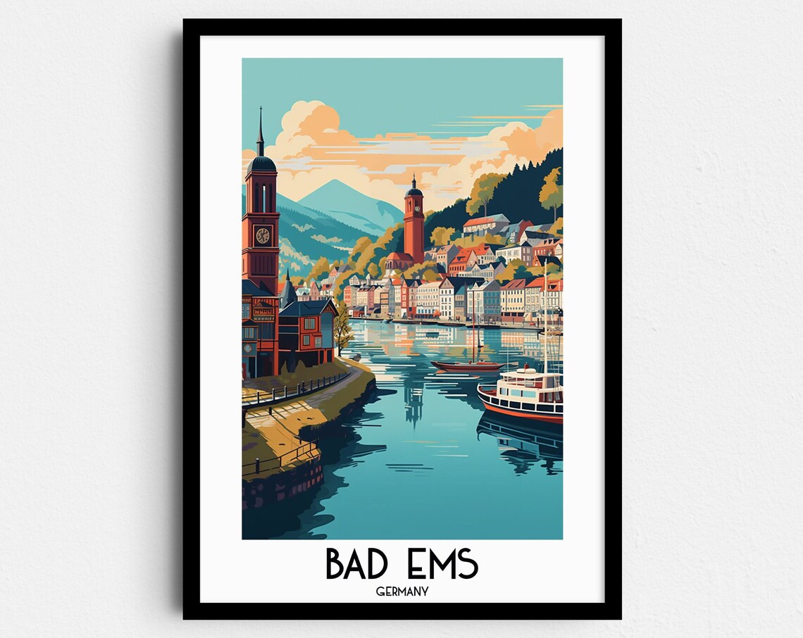 Bad Ems Germany Riverside Vintage Spa Town Twin Church Towers Poster