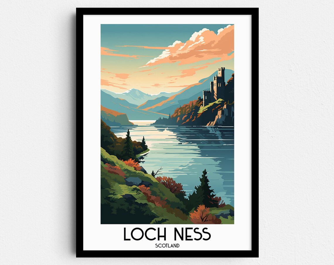 Loch Ness Scotland Castle Ruins Lakeside Vintage Travel Poster