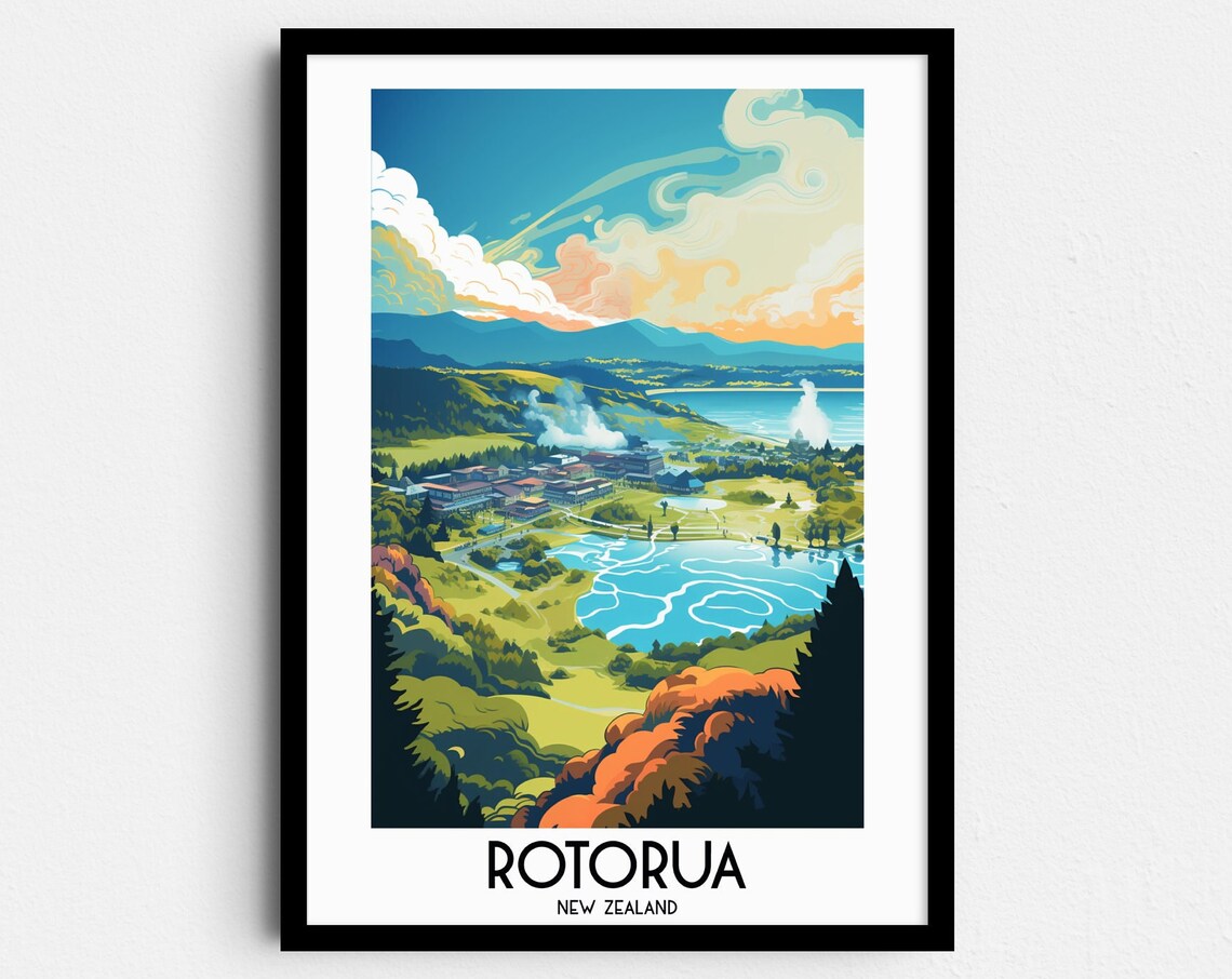 Rotorua New Zealand Geothermal Valley Lake Vista Travel Poster
