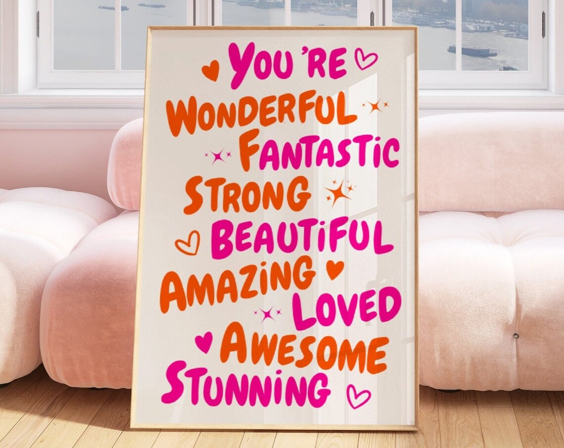You Are Amazing Affirmation Quote Art Print, 70s Pink