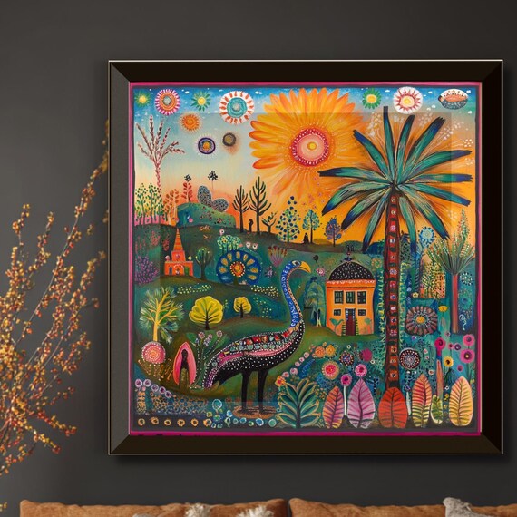 Mexican Folk Art Birds And Botanical Image Vibrant Colors Unique Home Decor Print Nature Lover Gift Boho