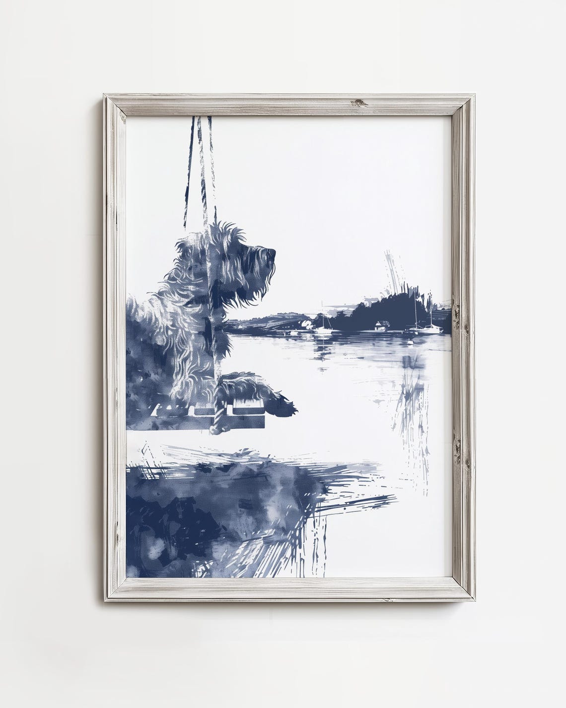 Shaggy Dog on a Lake Dock in Navy Blue Ink Wash Art Style Poster
