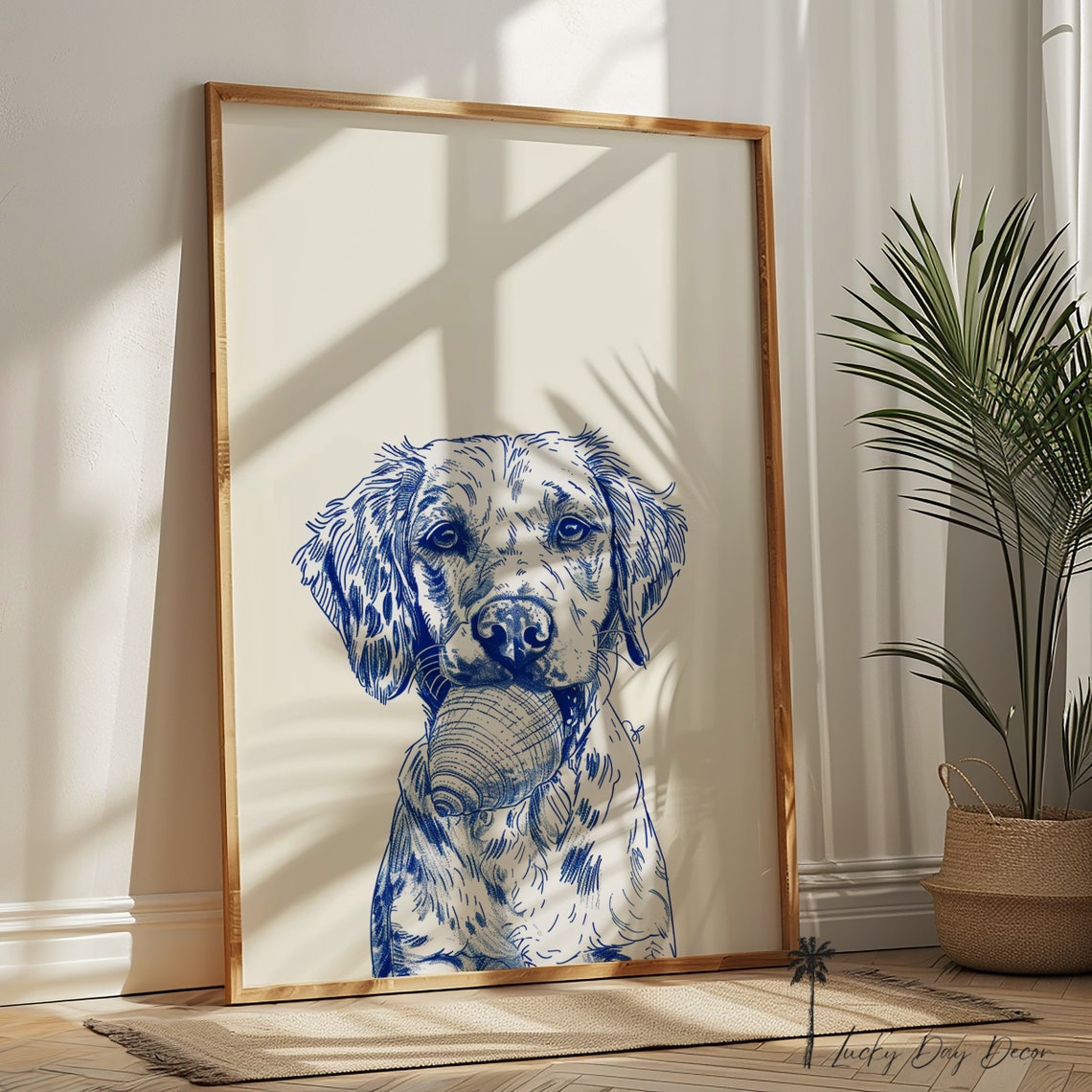 Golden Retriever With Seashell Coastal Blue Line Art Dog Poster