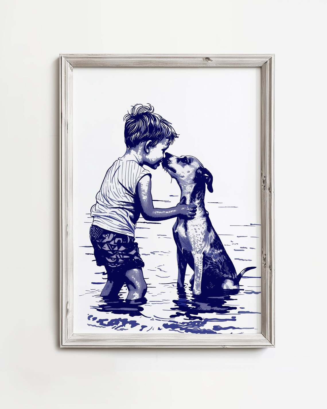 Boy Kissing Italian Greyhound Navy Ink Sketch Coastal Art Poster