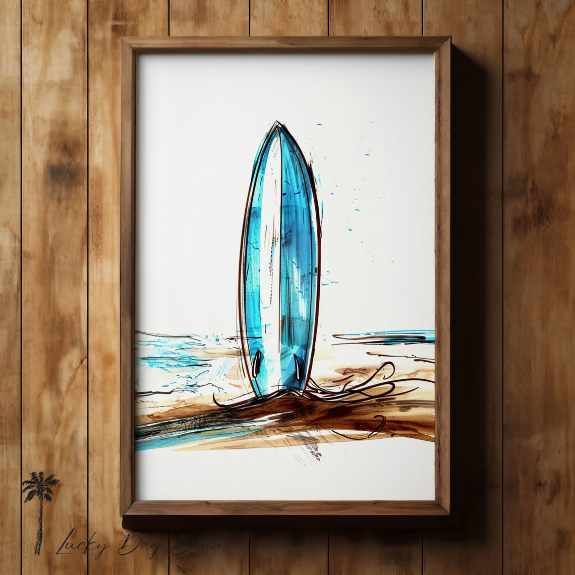 Blue Surfboard on Beach Watercolor Wall Art Turquoise Surf Sketch