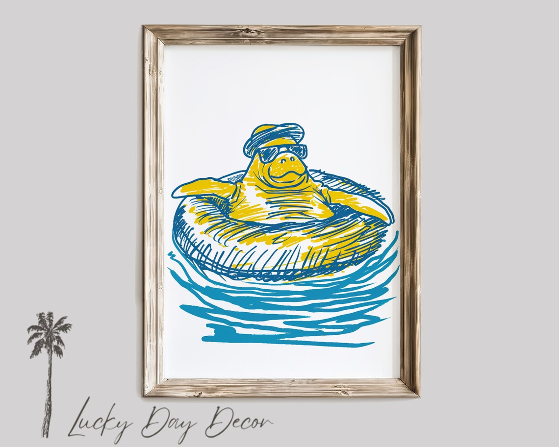 Manatee Floating In Pool Ring With Sunglasses Cool Summer Art Poster