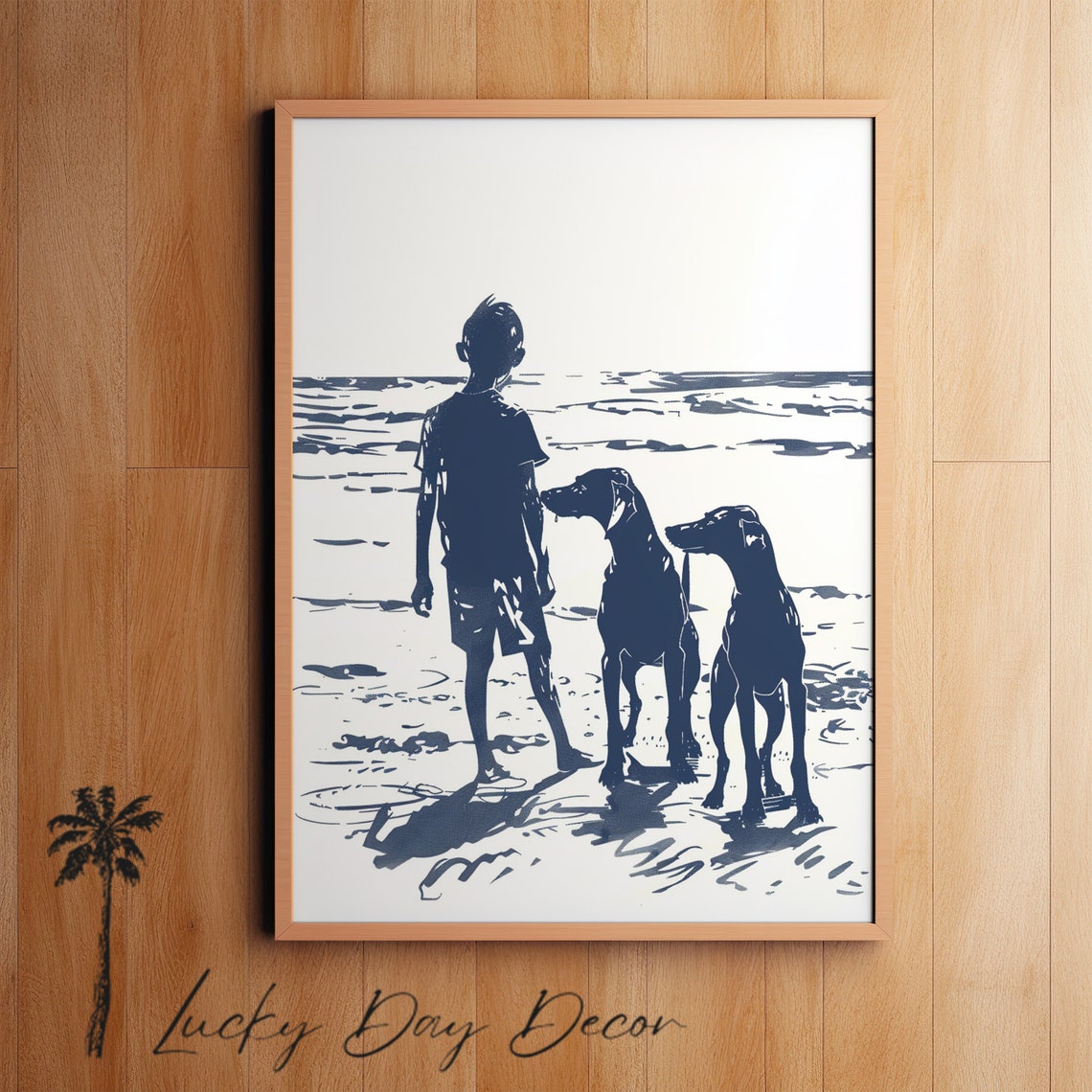 Boy With Two Dogs Beach Morning Walk Navy Silhouette Art Print