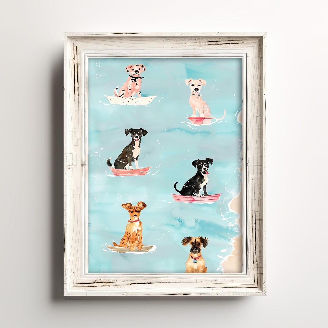 Surfing Dogs Pastel Watercolor Fun Beach Dogs On Surfboards Poster
