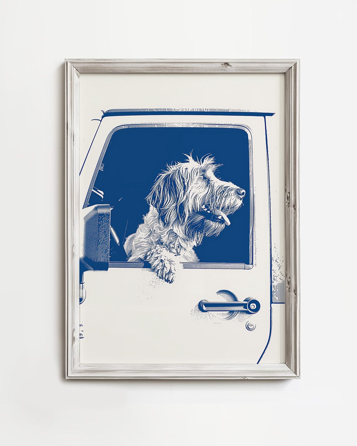 Doodle Dog Car Window Tongue Out Happy Blue Line Art Cruise Poster
