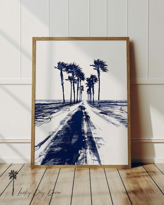 Serene Palm Lined Road To Beach Navy Ink Coastal Sketch Art Print