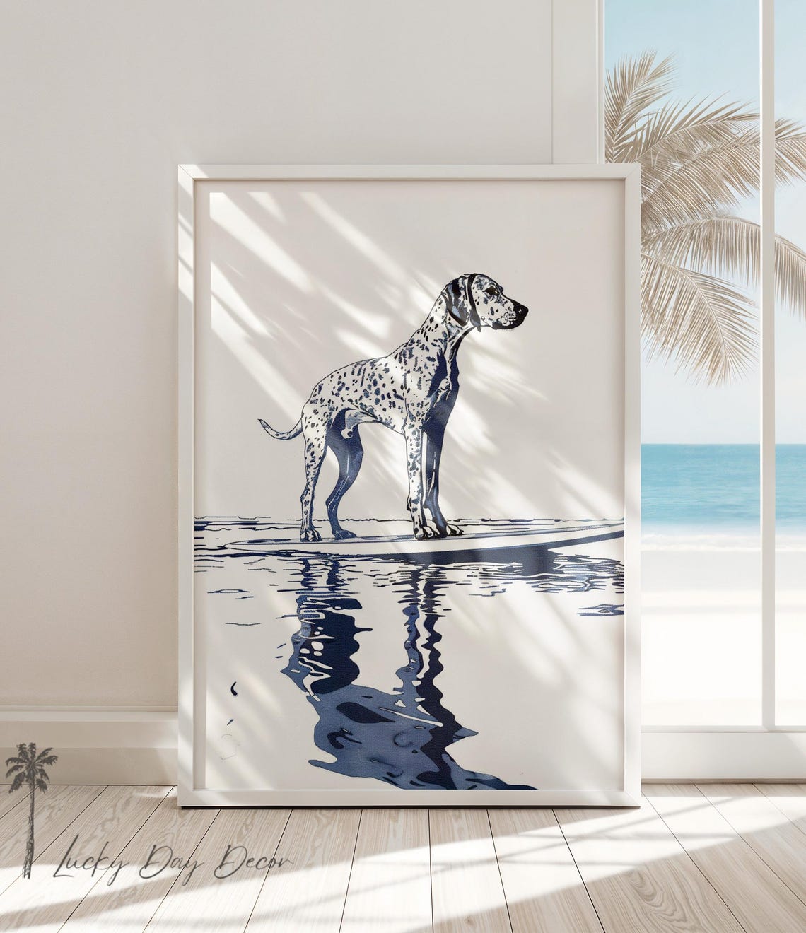 Spotted Dog on Surfboard Navy Blue Coastal Sketch Beach Wall Art