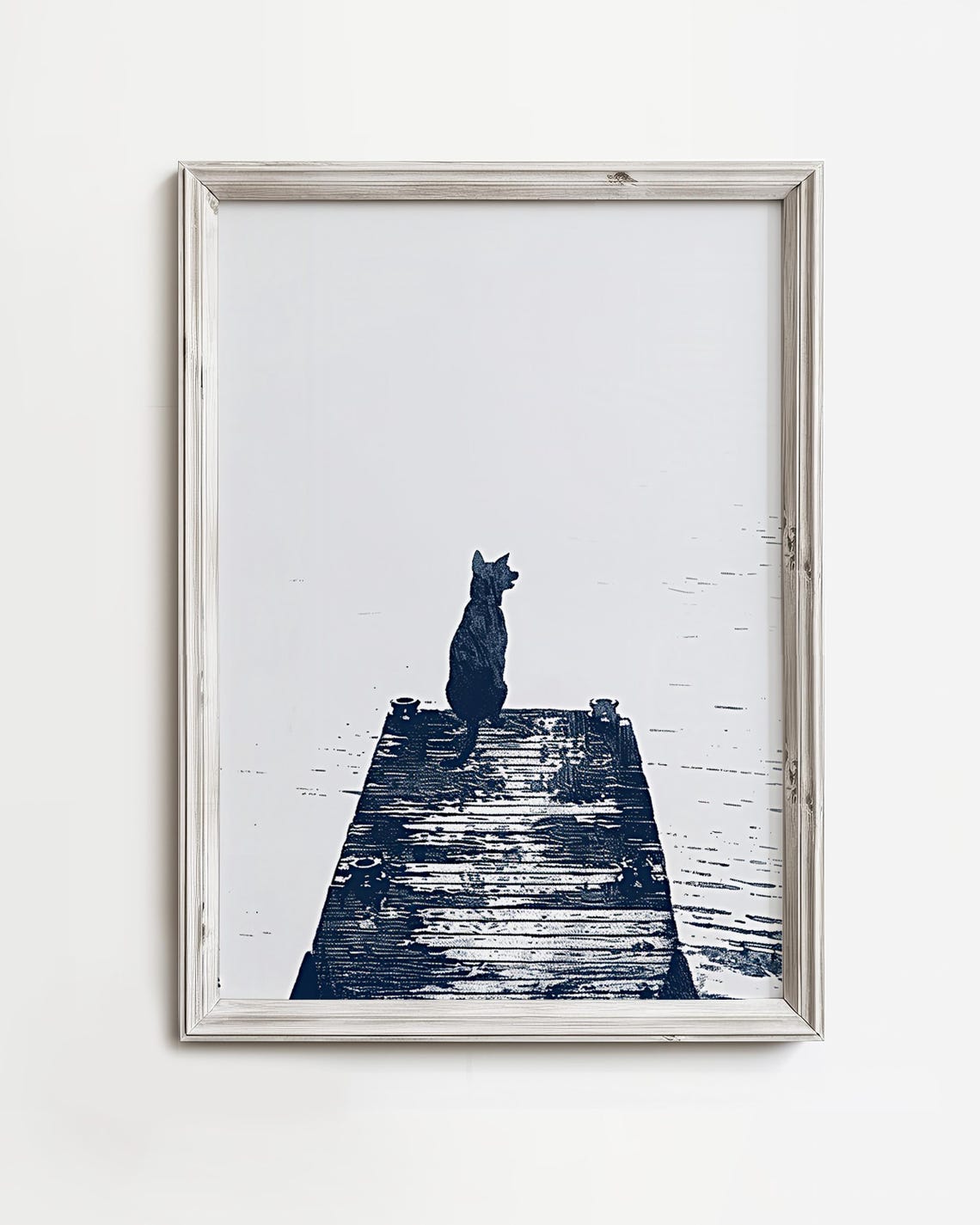 Dog Sitting On Wooden Dock Navy Minimalist Cabin Lake Art Poster