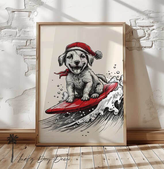 Puppy Surfing Santa Hat Red Surfboard Christmas Coastal Sketch Poster
