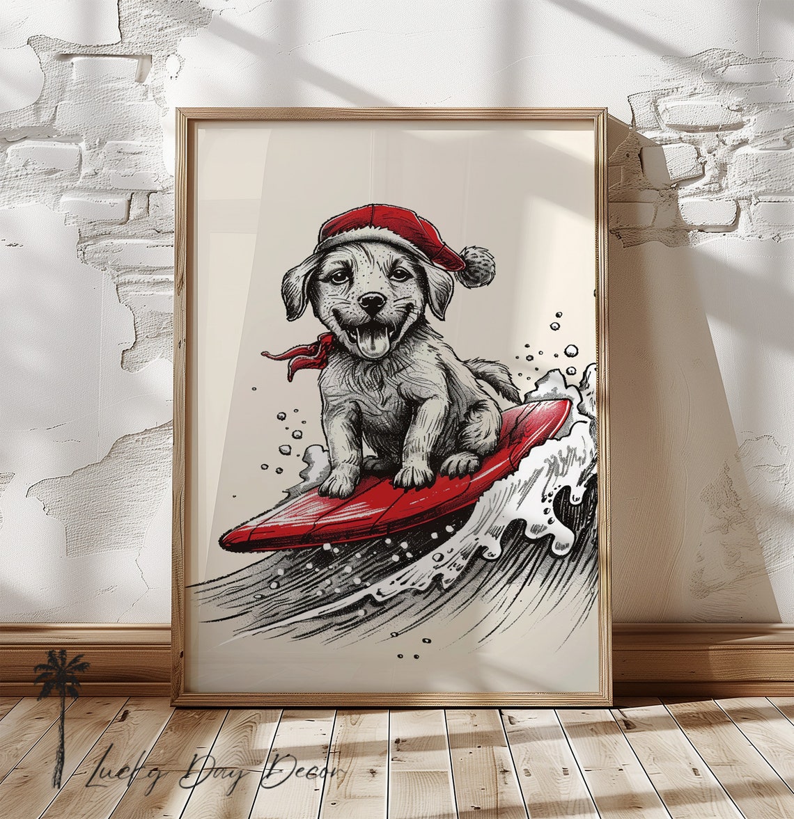 Puppy Surfing Santa Hat Red Surfboard Christmas Coastal Sketch Poster