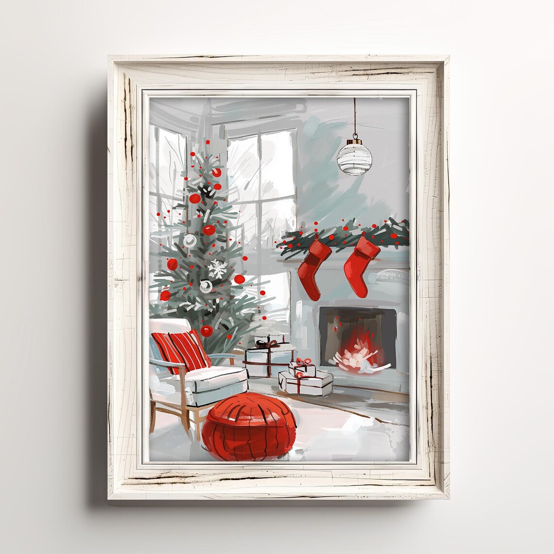 Cozy Christmas Living Room Fireplace Festive Watercolor Poster