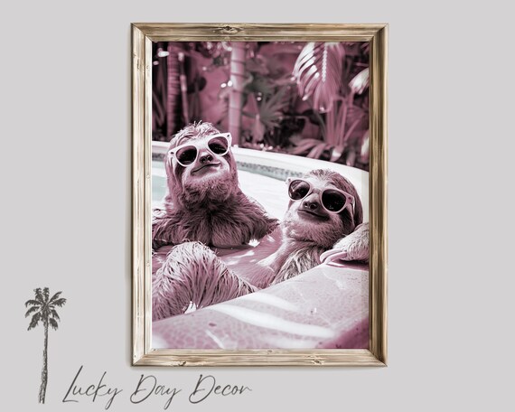 Two Sloths Wearing Sunglasses Lounging by the Pool Pink Tint Poster