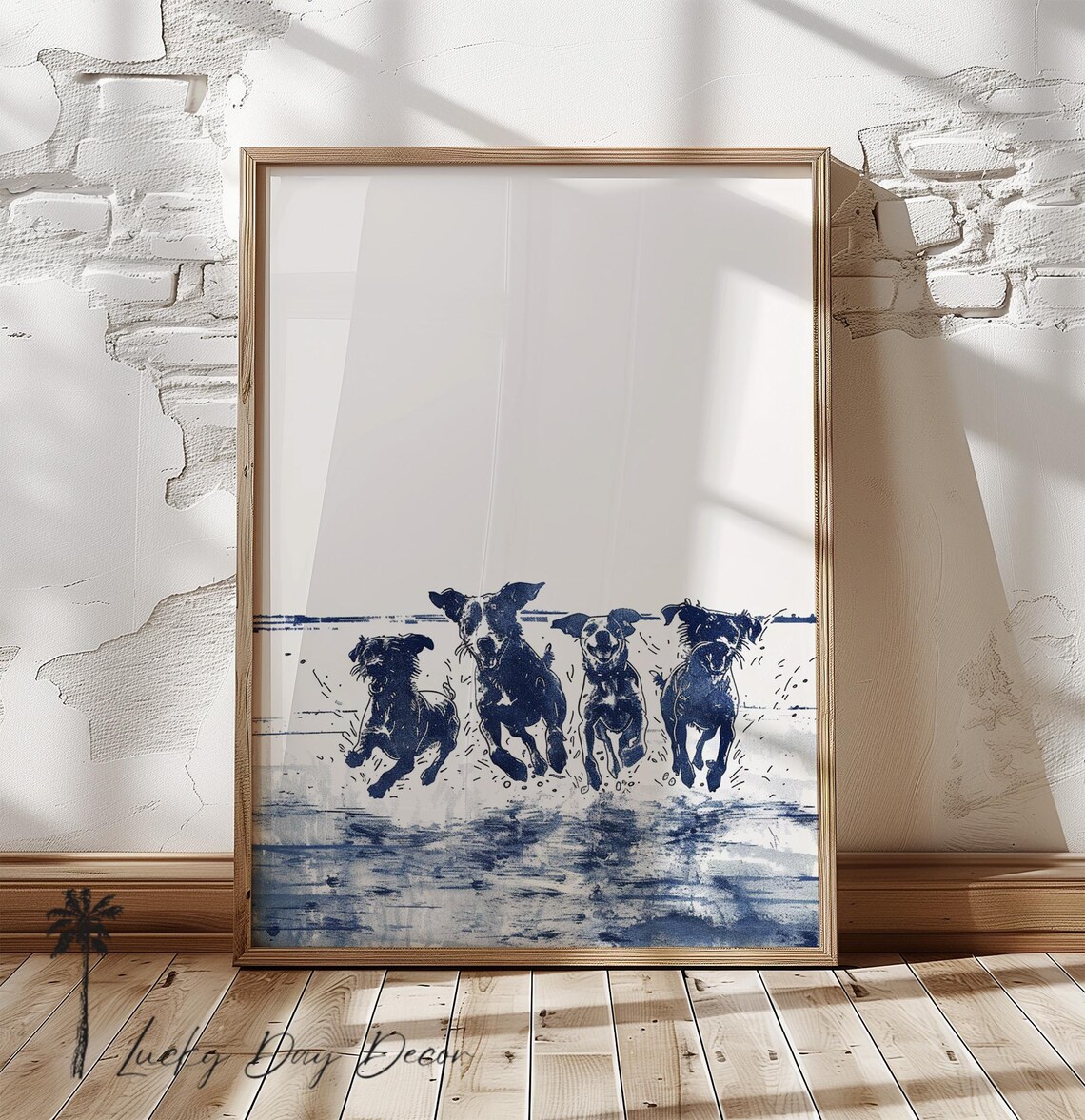 Happy Coastal Pups Running, Cute Beach Wall Art