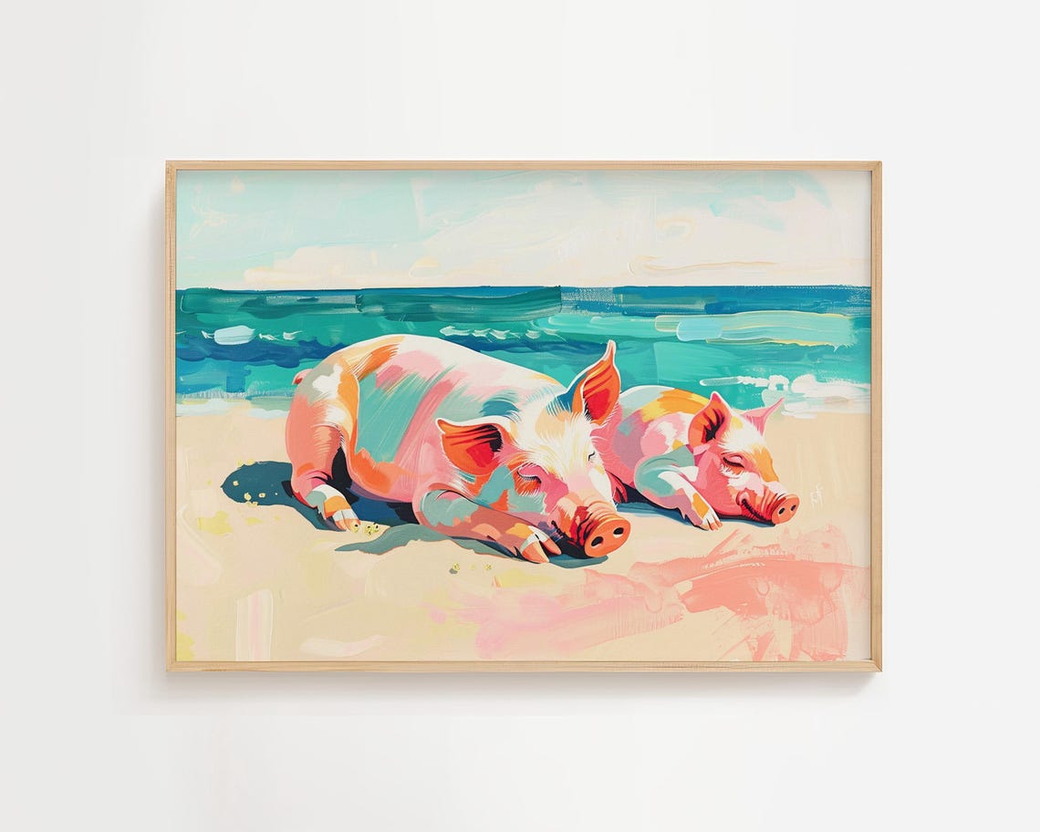 Sleeping Pigs On The Beach Whimsical Pastel Coastal Wall Art
