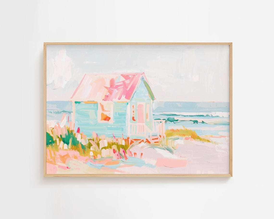 Pastel Beach Hut Coastal Cottage Painting Relaxing Seaside Poster