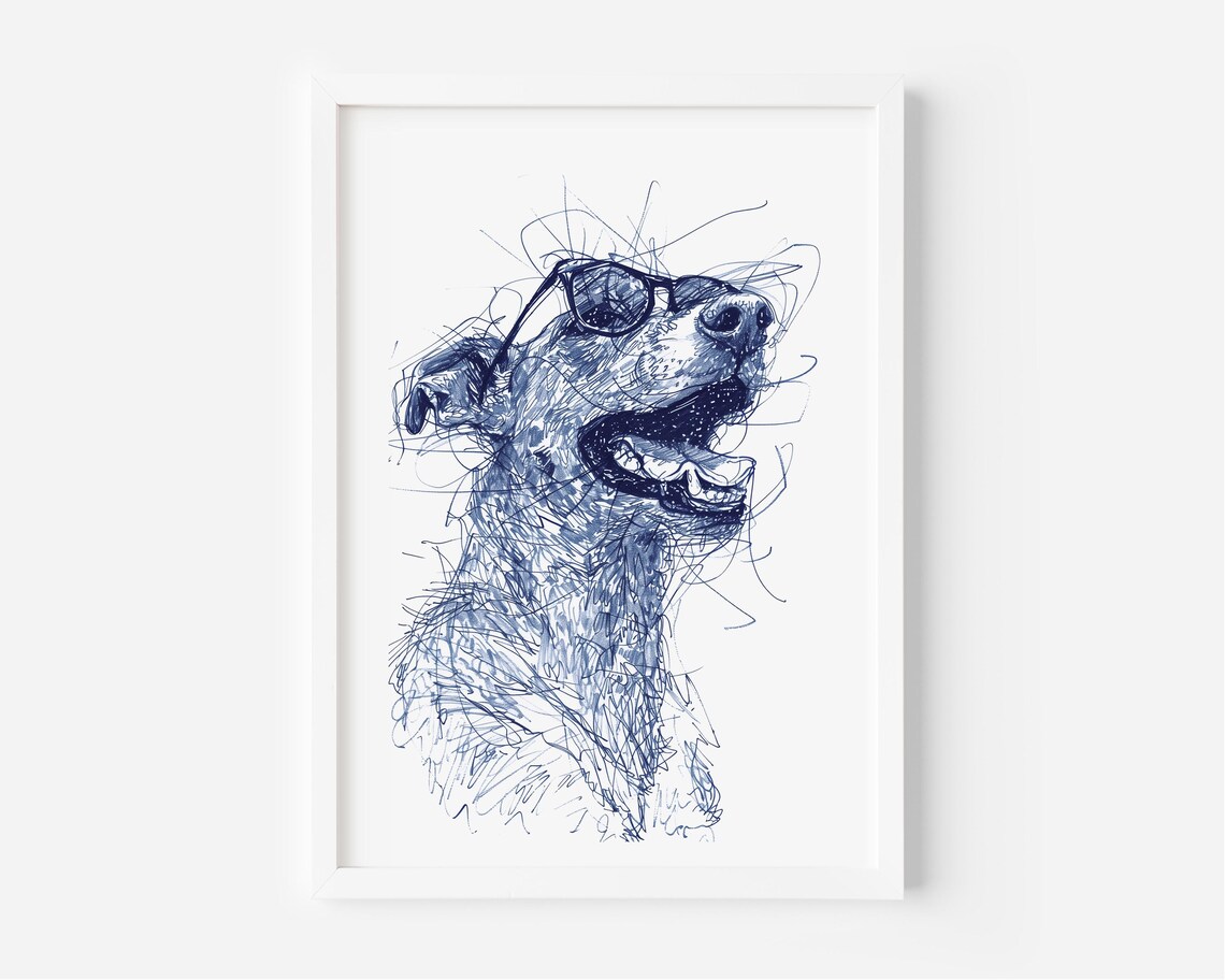 Happy Dog with Sunglasses Sketch Navy Blue Minimalist Pet Poster