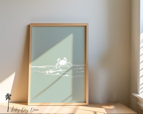 Ocean Crab Coastal Home Art Nursery Childrens Room Print Simplistic Green Beach Sketch Sea Life