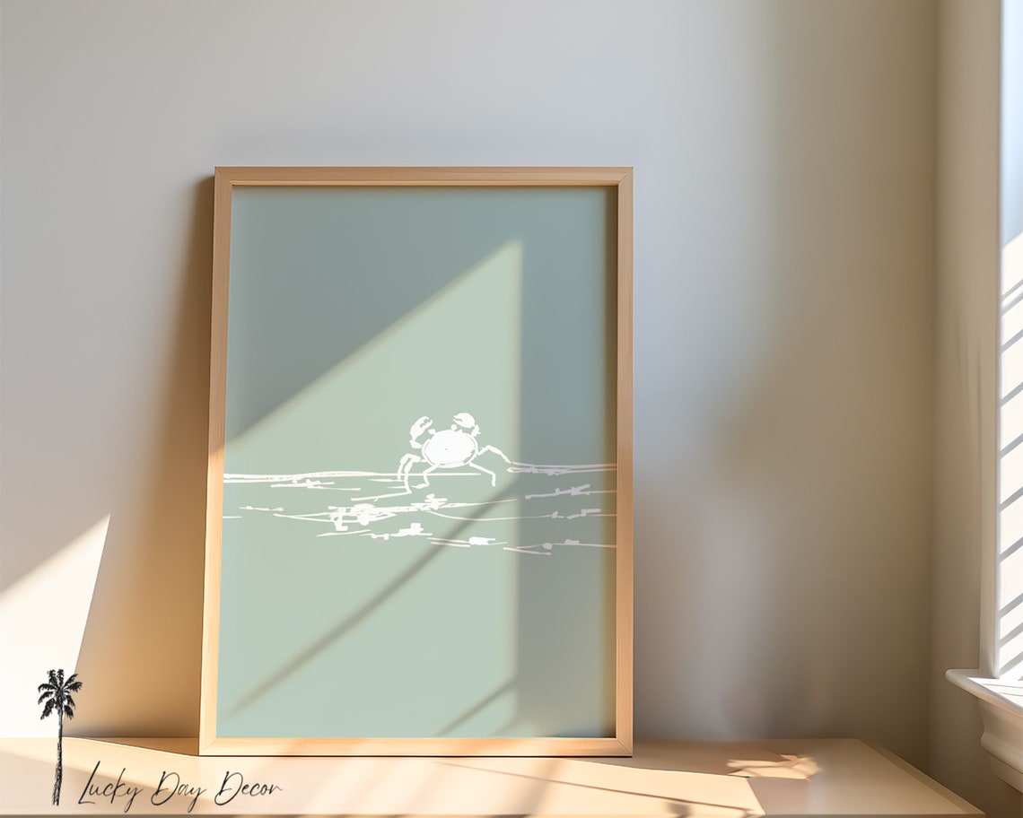 Minimalist Crab Line Art Sage Green Calm Coastal Kitchen Poster