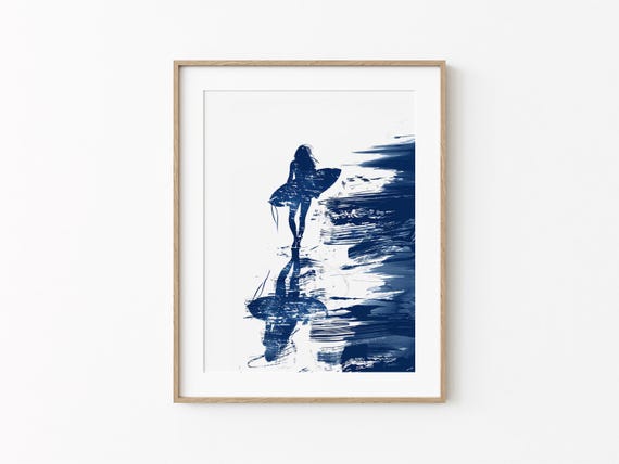 Surfer Girl Sketch Coastal Beach Art Wall Decor Navy Blue Abstract Cottage Condo Trendy Print