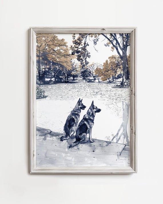 Shepherds In Autumn Park Fall Dog Sketch Art Adorable Lovers Print Season Decor Warm Brown Blues